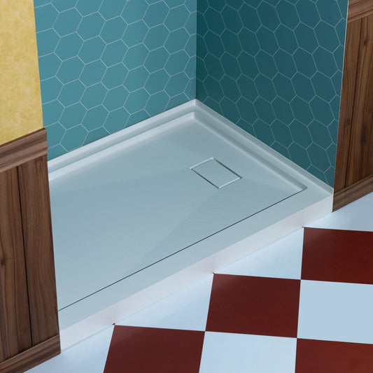 WOODBRIDGE 48 in. x 32 in. Solid Surface Shower Pan Base in White, Alcove Installation with Right Drain, Slip-Resistant & Mold-Resistant