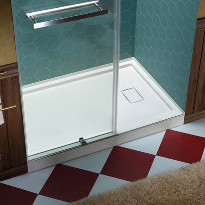 WOODBRIDGE 48 in. x 32 in. Solid Surface Shower Pan Base in White, Alcove Installation with Right Drain, Slip-Resistant & Mold-Resistant