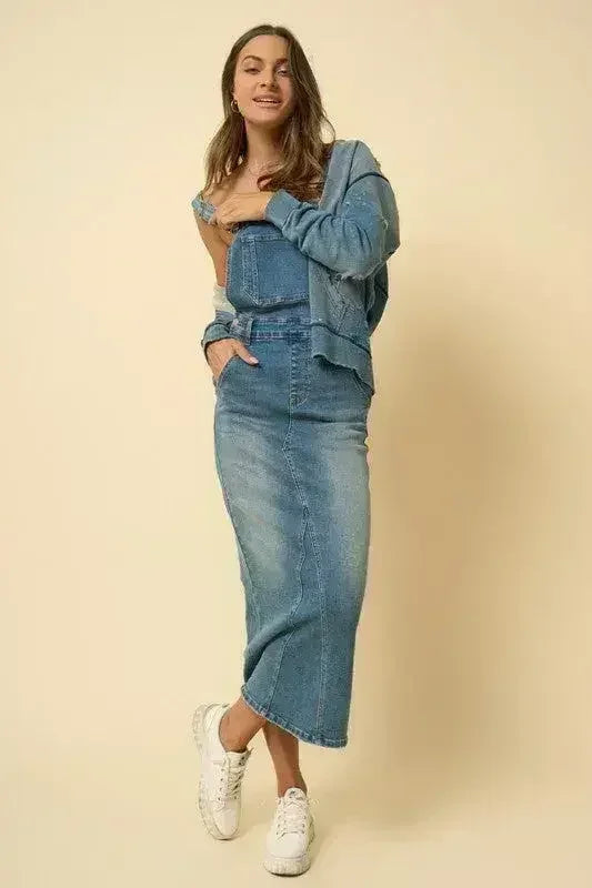 Denim Overall Skirt – Adjustable Suspenders & Side Button