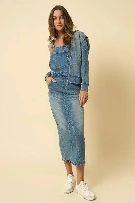 Denim Overall Skirt – Adjustable Suspenders & Side Button