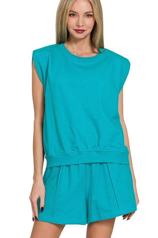 Zenana French Terry Sleeveless Top & Shorts Set in Teal