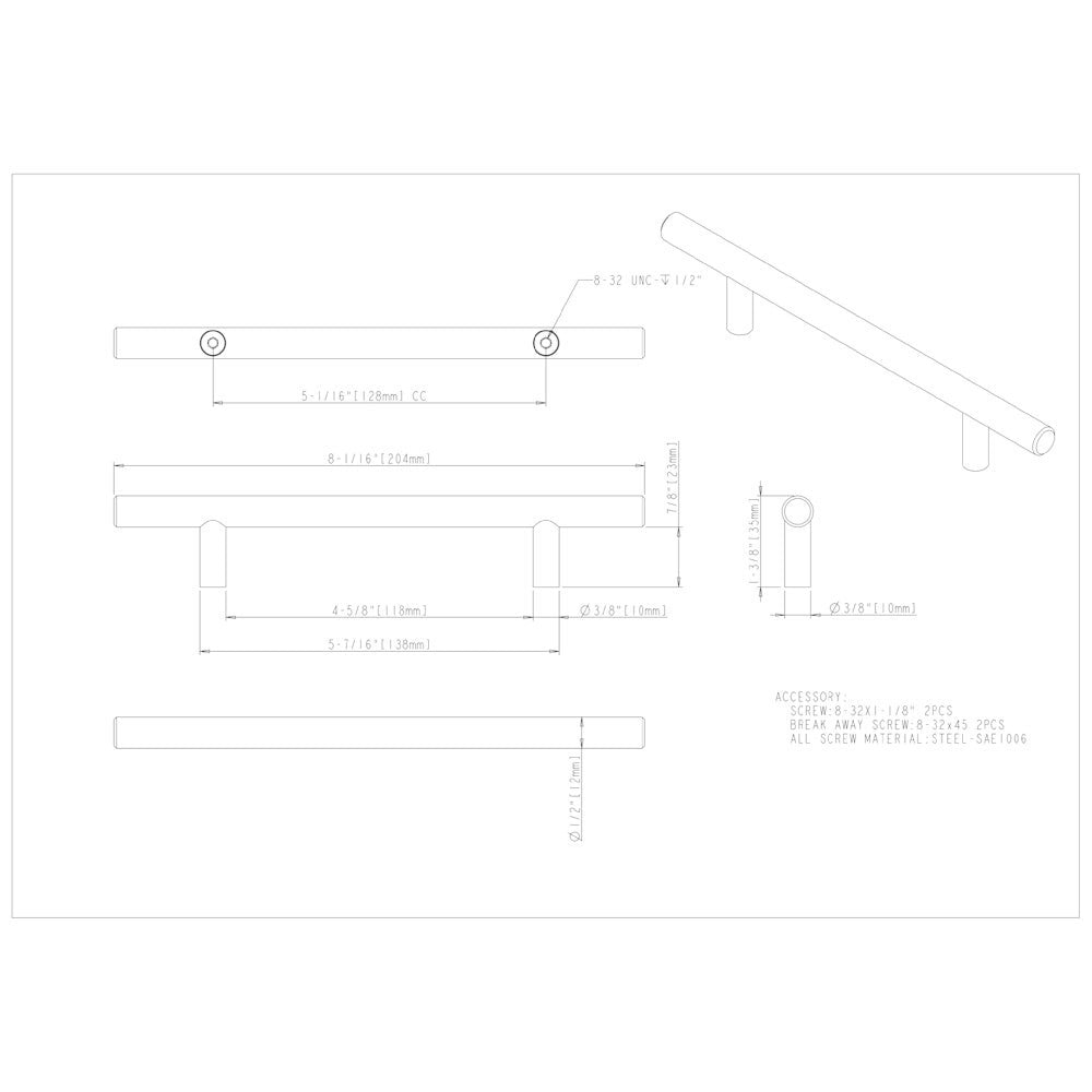 96 mm Center-to-Center Hollow Matte Black Stainless Steel Naples Cabinet Bar Pull