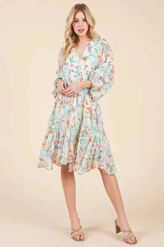 Lime and Chili Dress with Cinched Waist and Balloon Sleeves