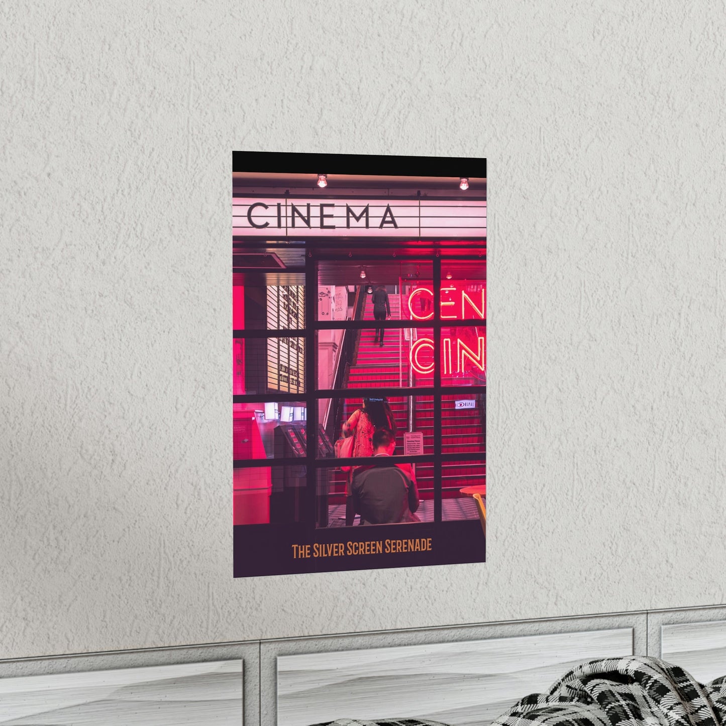 Cinema-themed poster on a wall above a bed