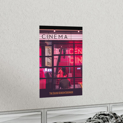 Cinema-themed poster on a wall above a bed