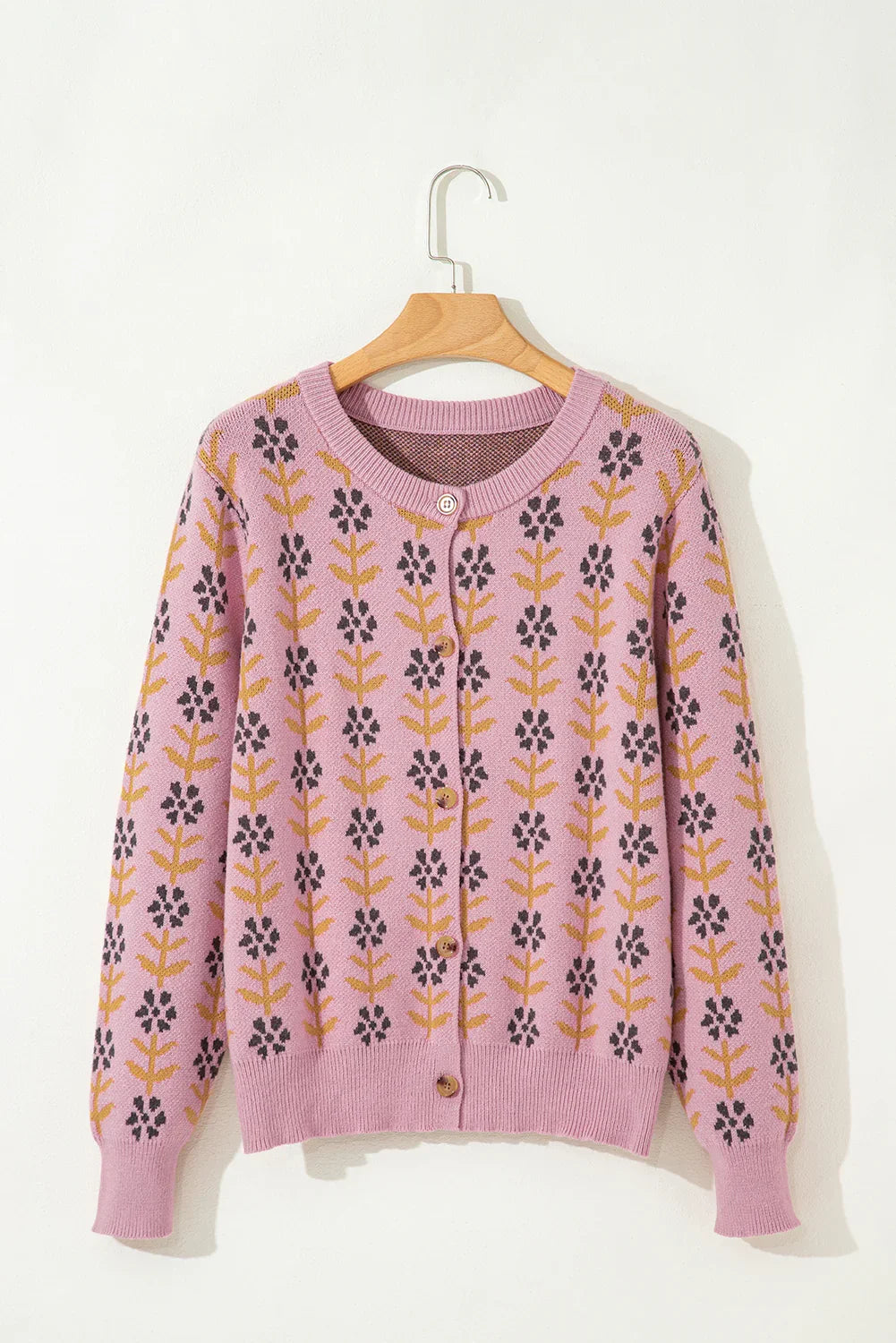 Pink Floral Button Down Ribbed Trim Knit Cardigan