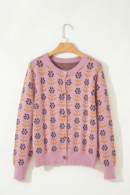 Pink Floral Button Down Ribbed Trim Knit Cardigan