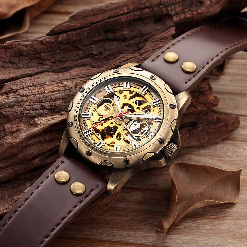 Men's Bronze Steampunk Watch - 44mm Automatic Skeleton Timepiece