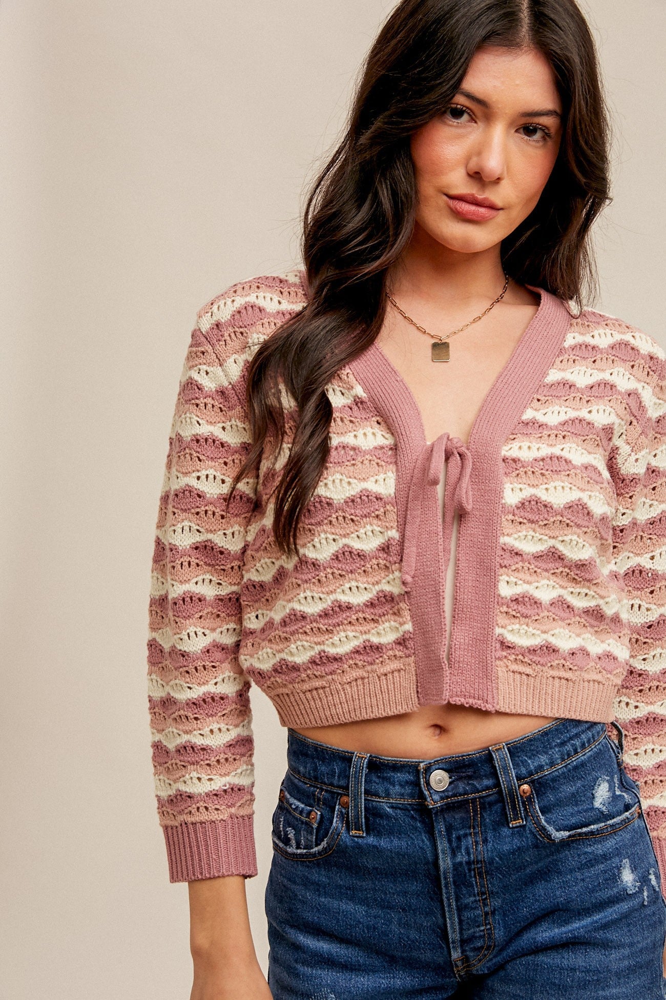 V Neck Front Tie Closure Striped Knit Cardigan