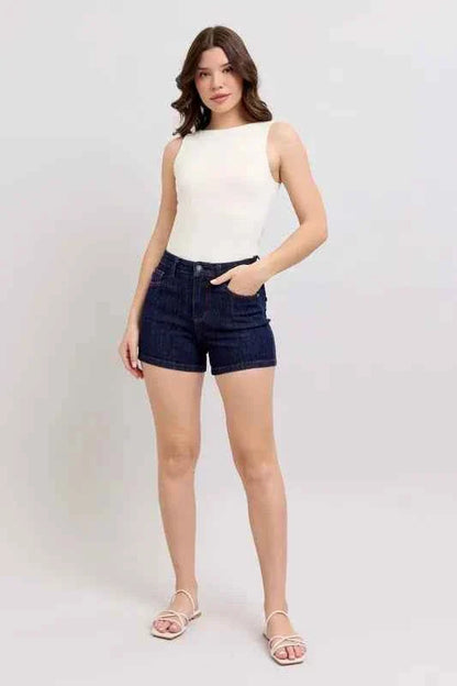 Judy Blue Plus Size High Waist Denim Shorts with Heart Shaped Pockets & Red Contrast Thread