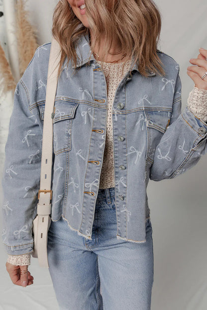 Sky Blue Bow Print Light Wash Raw Hem Denim Jacket