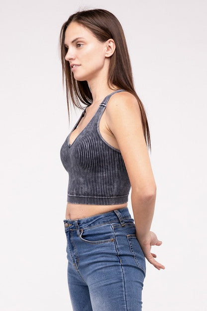 ZENANA Washed Ribbed Cropped V-Neck Tank Top
