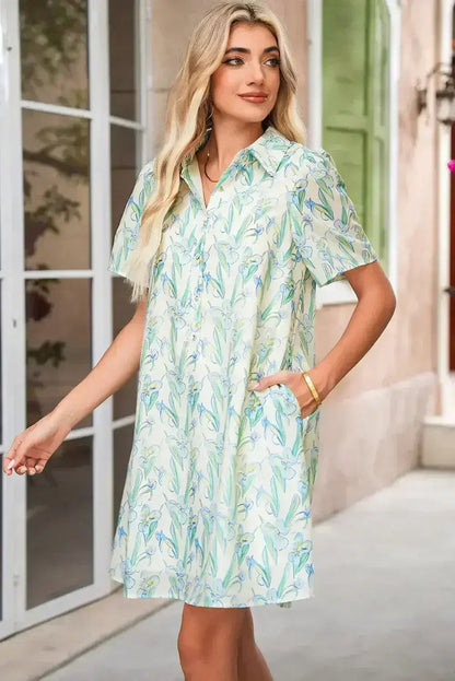 Green Floral Half Button Short Sleeve Mini Dress