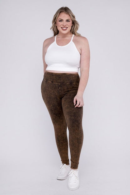 ZENANA Plus Mineral Washed Wide Waistband Yoga Leggings