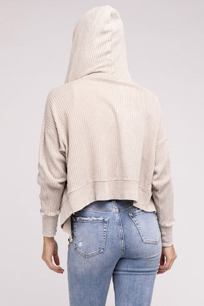 ZENANA Acid Wash Cotton Waffle Hooded Zip-Up Jacket