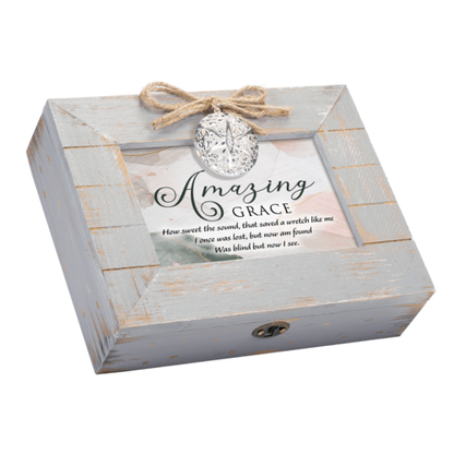 Rustic Grey Wooden Music Box With Heart Locket And Amazing Grace Print
