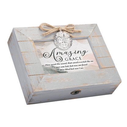 Rustic Grey Wooden Music Box With Heart Locket And Amazing Grace Print