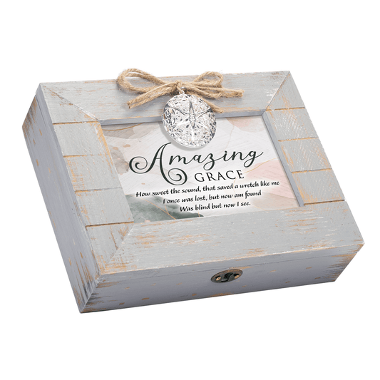 Rustic Grey Wooden Music Box With Heart Locket And Amazing Grace Print