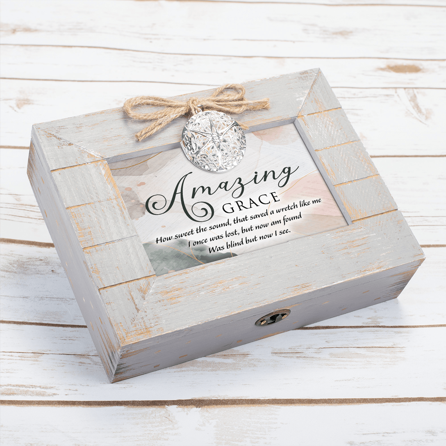 Rustic Grey Wooden Music Box With Heart Locket And Amazing Grace Print