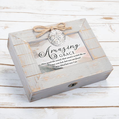 Rustic Grey Wooden Music Box With Heart Locket And Amazing Grace Print