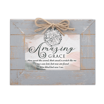 Rustic Grey Wooden Music Box With Heart Locket And Amazing Grace Print