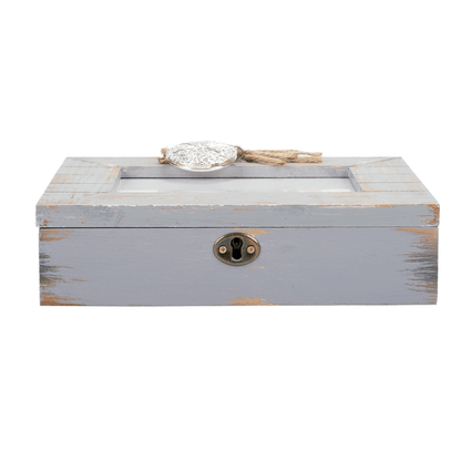 Rustic Grey Wooden Music Box With Heart Locket And Amazing Grace Print