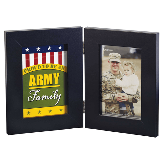 Black double picture frame with 'Proud to be an Army Family' sign and photo of a soldier and child.