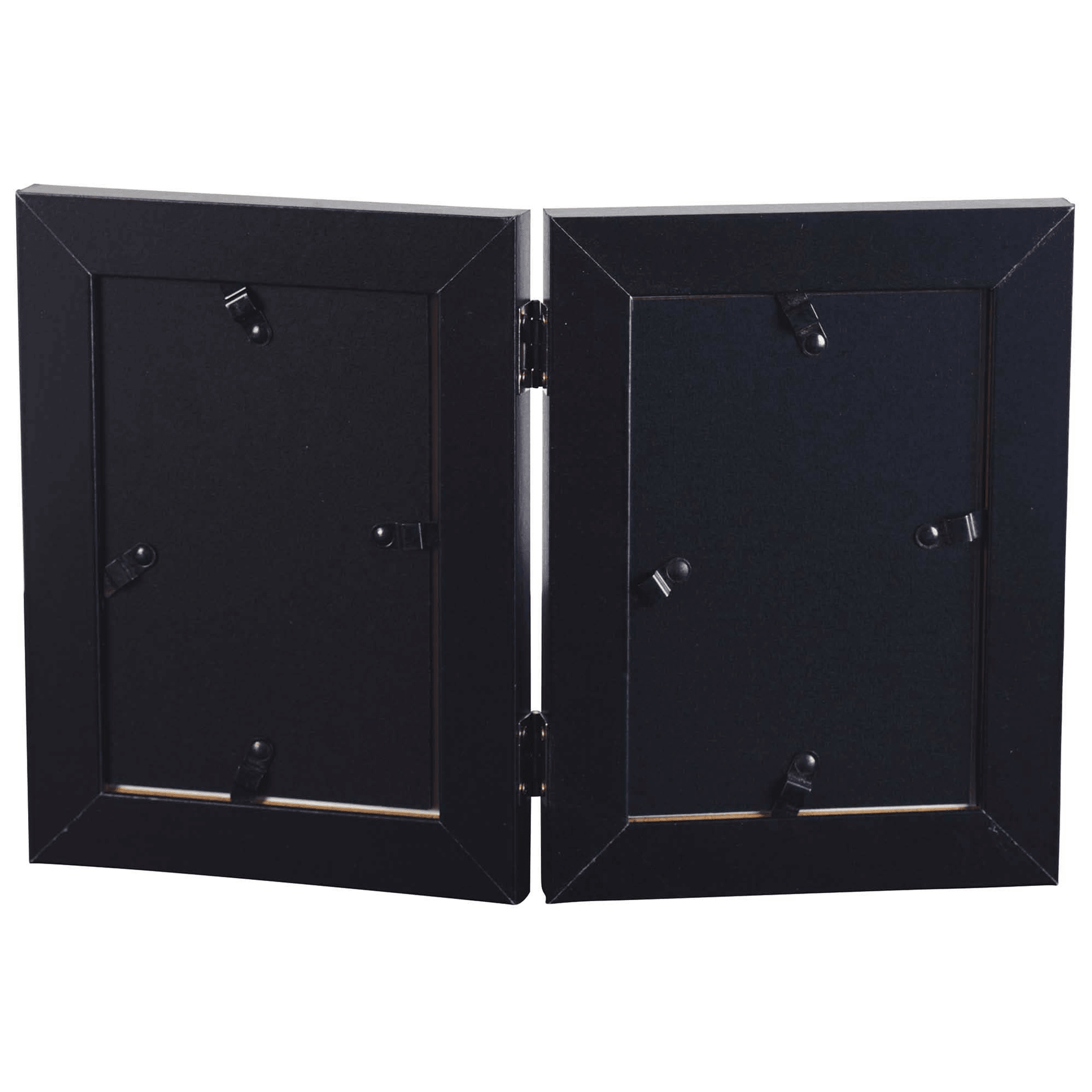 Black double picture frame with a hinged design on a white background