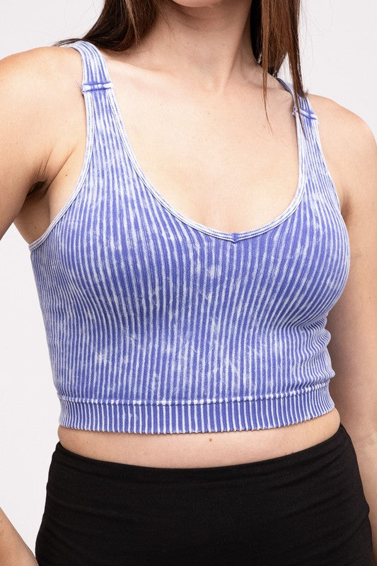 ZENANA Washed Ribbed Cropped V-Neck Tank Top