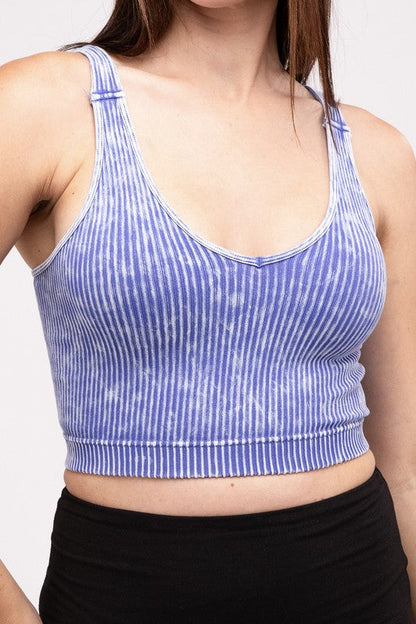 ZENANA Washed Ribbed Cropped V-Neck Tank Top