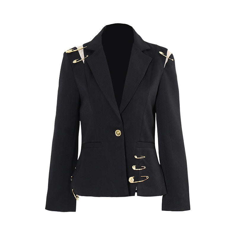 Coat Women Spring Shoulder Mesh Stitching Decorative Pin Slim Fit Long Sleeve
