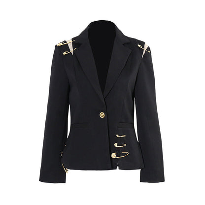 Coat Women Spring Shoulder Mesh Stitching Decorative Pin Slim Fit Long Sleeve