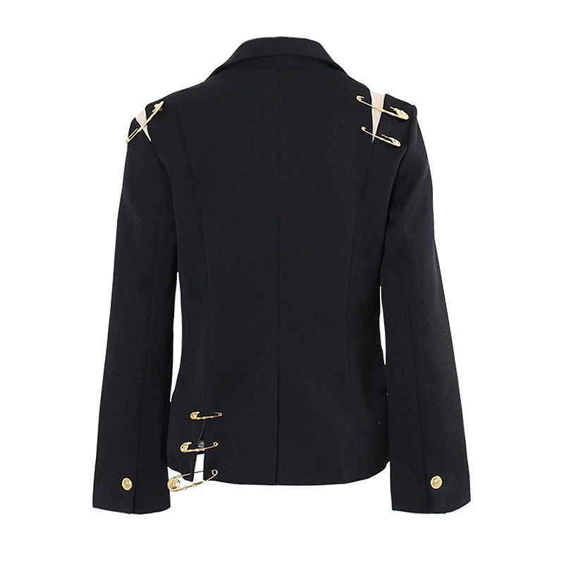 Coat Women Spring Shoulder Mesh Stitching Decorative Pin Slim Fit Long Sleeve