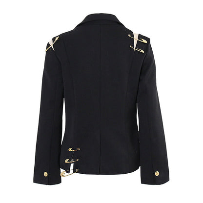 Coat Women Spring Shoulder Mesh Stitching Decorative Pin Slim Fit Long Sleeve
