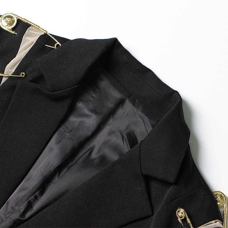 Coat Women Spring Shoulder Mesh Stitching Decorative Pin Slim Fit Long Sleeve