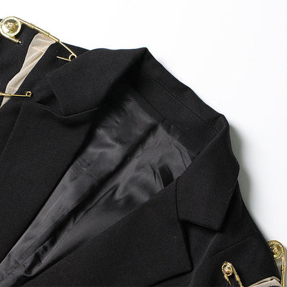 Coat Women Spring Shoulder Mesh Stitching Decorative Pin Slim Fit Long Sleeve