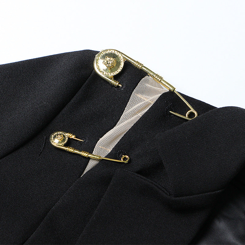 Coat Women Spring Shoulder Mesh Stitching Decorative Pin Slim Fit Long Sleeve