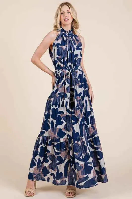 Lime and Chili Maxi Dress - Abstract Halter Neck Tie-Waist Tiered Design