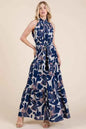 Lime and Chili Maxi Dress - Abstract Halter Neck Tie-Waist Tiered Design