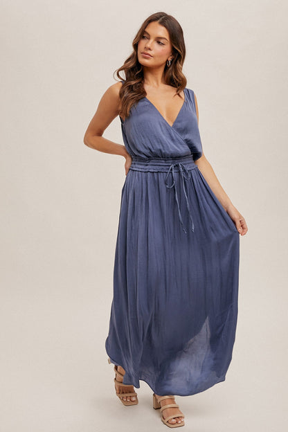 Surplice Neck Washed Satin Dress