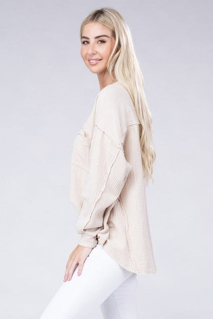 ZENANA Double Gauze Oversized 3/4 Button Henley Neck Top