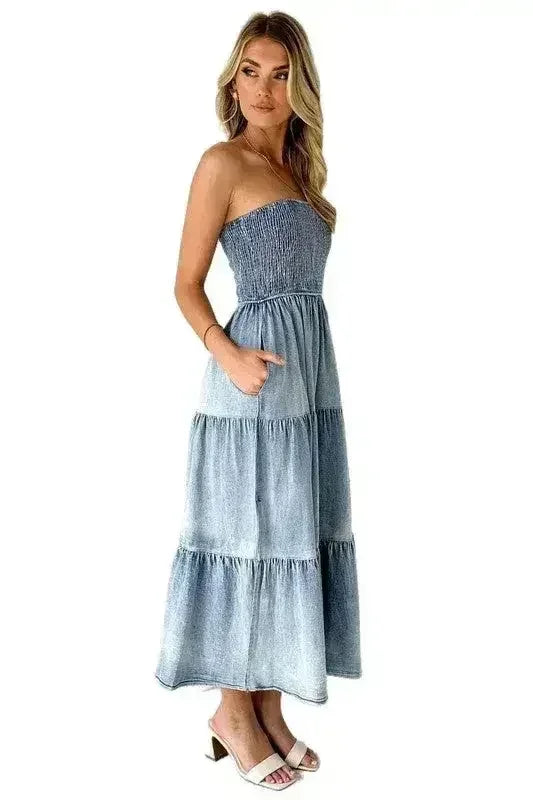 Women's Denim Fashion Dress - Sexy Sleeveless with Side Pockets