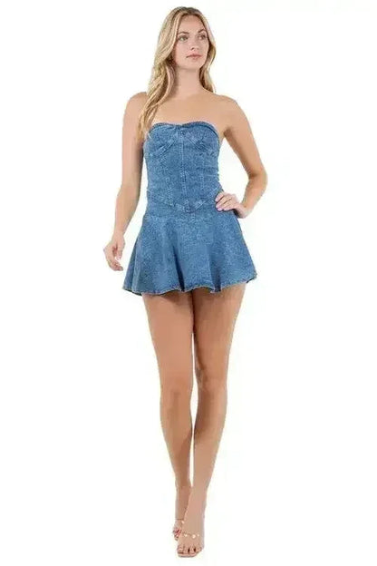 Strapless Denim Mini Dress - Back Zipper & Elastic Waist | Femstylo