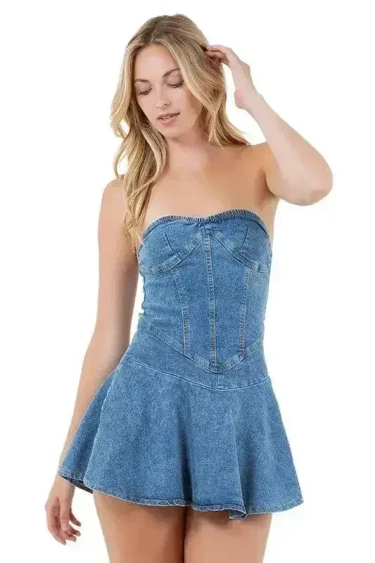 Strapless Denim Mini Dress - Back Zipper & Elastic Waist | Femstylo