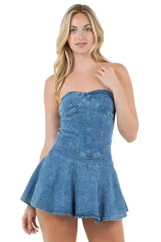 Strapless Denim Mini Dress - Back Zipper & Elastic Waist | Femstylo