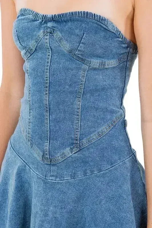 Strapless Denim Mini Dress - Back Zipper & Elastic Waist | Femstylo