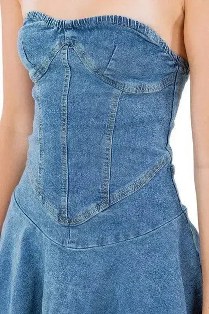 Strapless Denim Mini Dress - Back Zipper & Elastic Waist | Femstylo