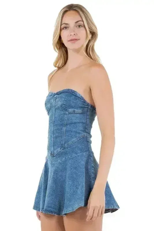 Strapless Denim Mini Dress - Back Zipper & Elastic Waist | Femstylo