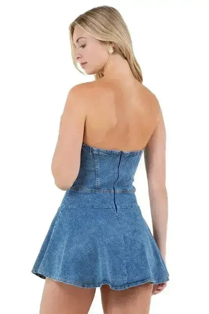 Strapless Denim Mini Dress - Back Zipper & Elastic Waist | Femstylo