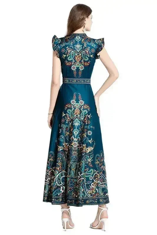 Floral Print V-Neck Dress with Belt - A-Line Style | Femstylo